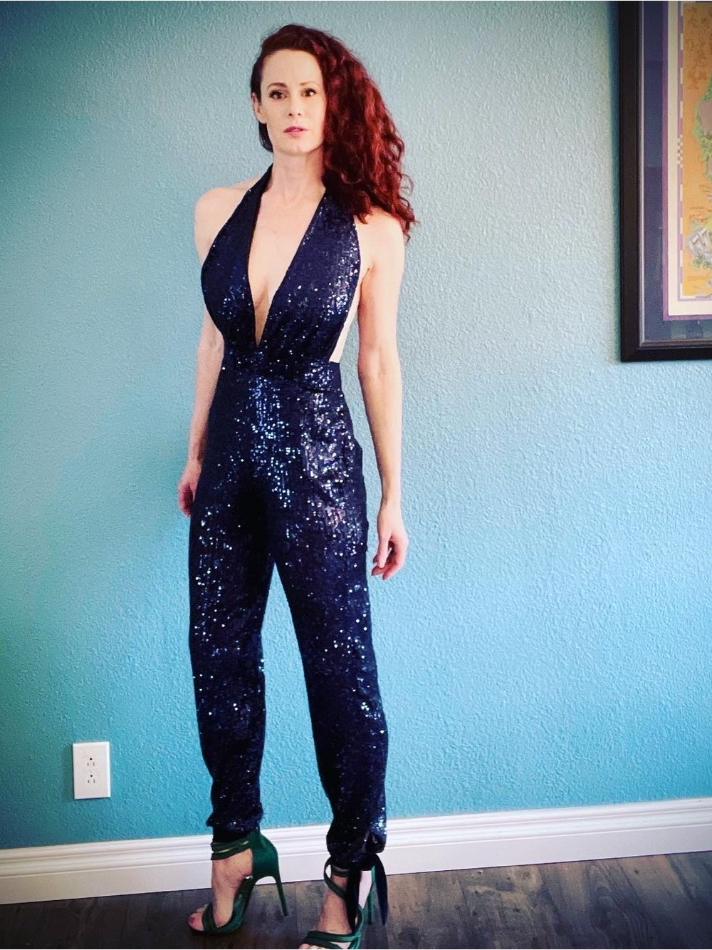 Navy Sequin Halter Jumpsuit Open Back Velvet Ties Retro 70s 80s Sexy